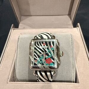 Michele Black and White Zebra Watch with Diamonds and Floral Accents